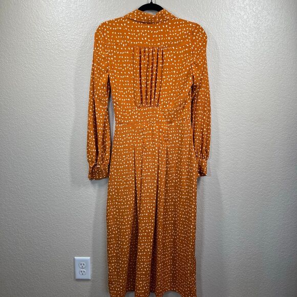 Topshop Sz 4 Long Sleeve Rust Orange Spot Chiffon Collared Midi Shirt Dress - Picture 2 of 16
